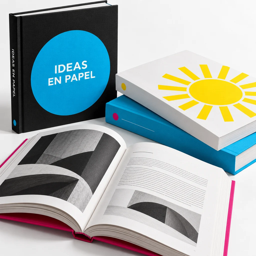 Muestra conceptual de libros negros, cian y blancos con una edición abierta en primer plano