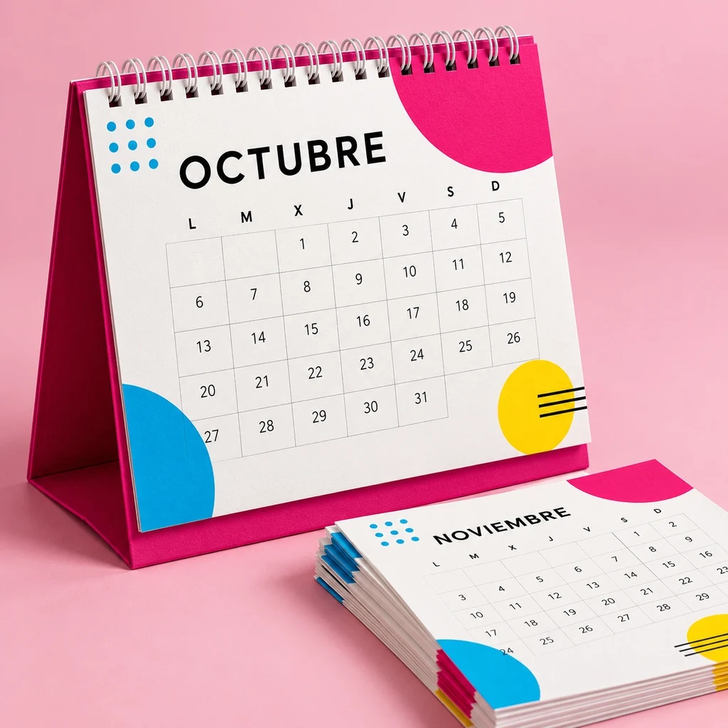 Muestra conceptual de un calendario de escritorio con base magenta y detalles cian y amarillos