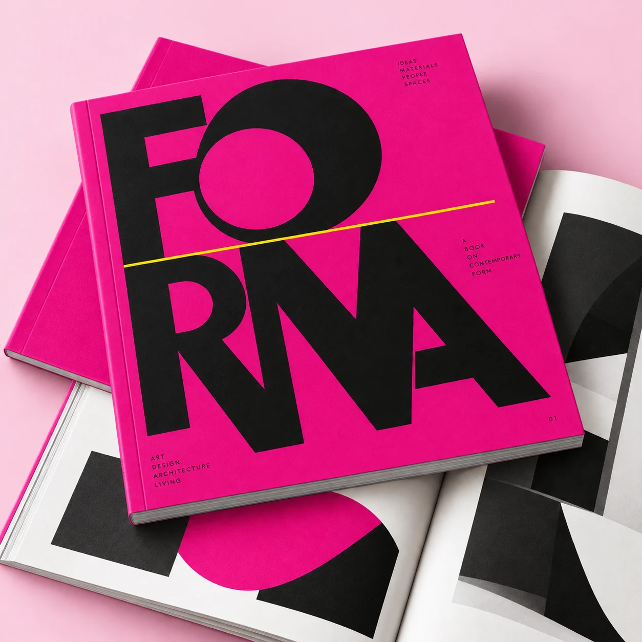 Muestra conceptual de un catálogo editorial magenta con diseño tipográfico