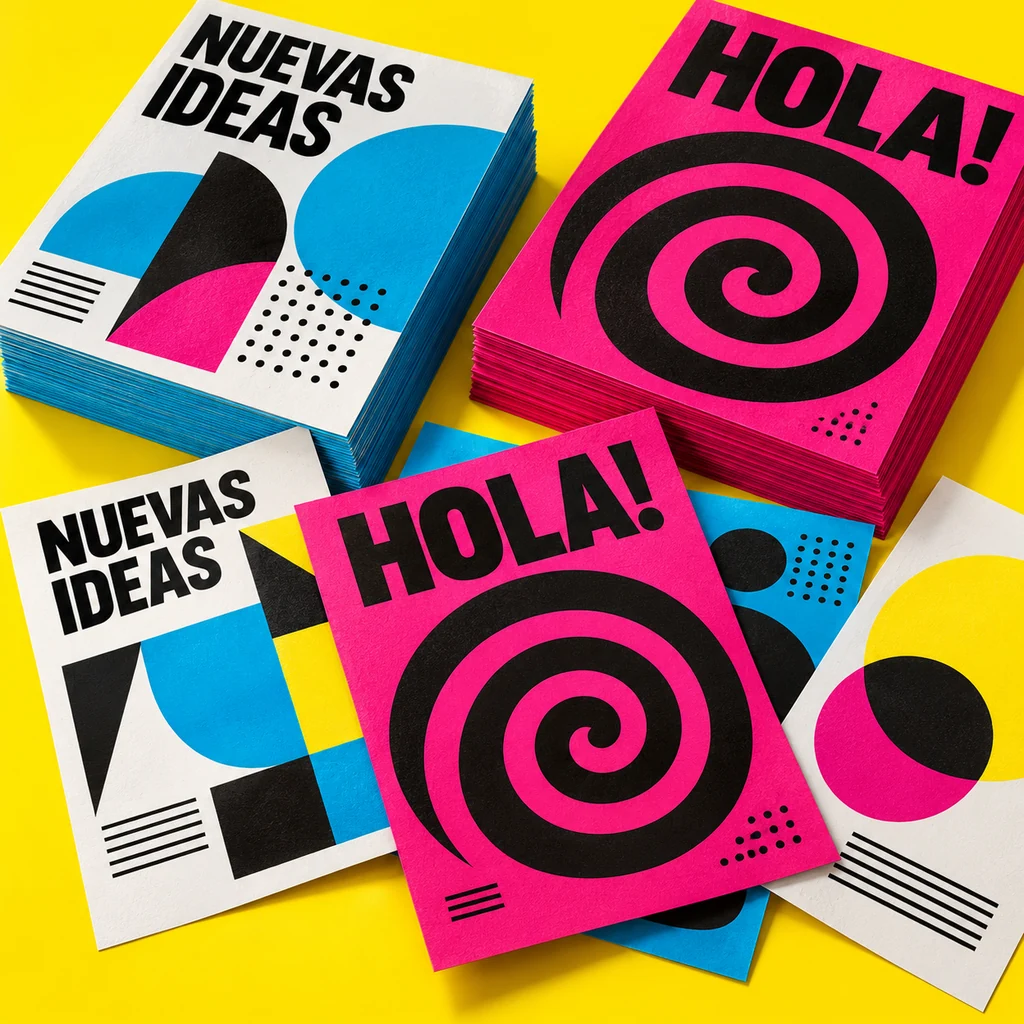 Muestra conceptual de flyers magenta, cian y blancos sobre un fondo amarillo