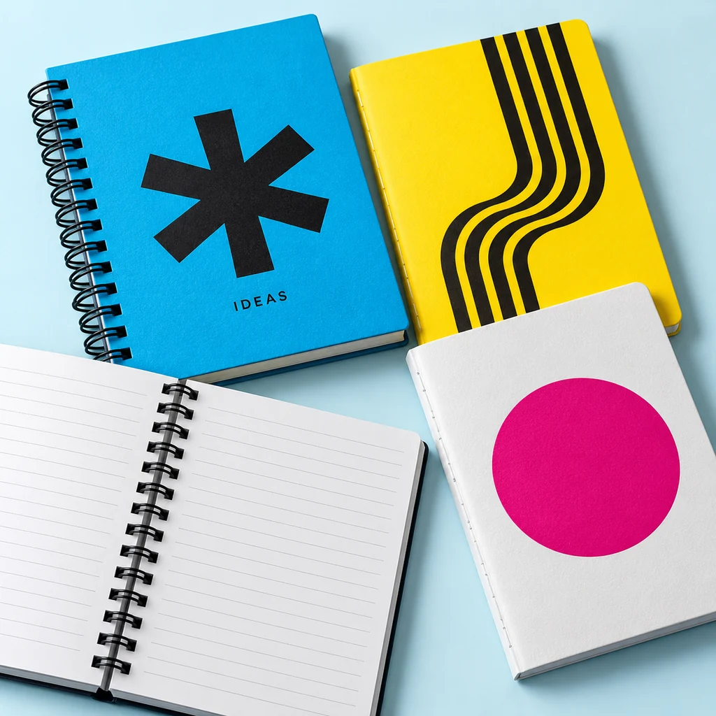 Muestra conceptual de libretas cian, amarillas y blancas con espiral y diseños geométricos