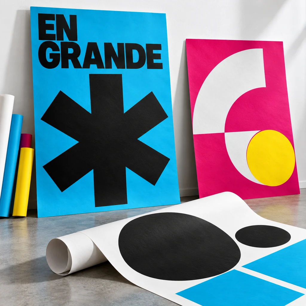 Muestra conceptual de posters grandes cian y magenta y una impresión parcialmente enrollada